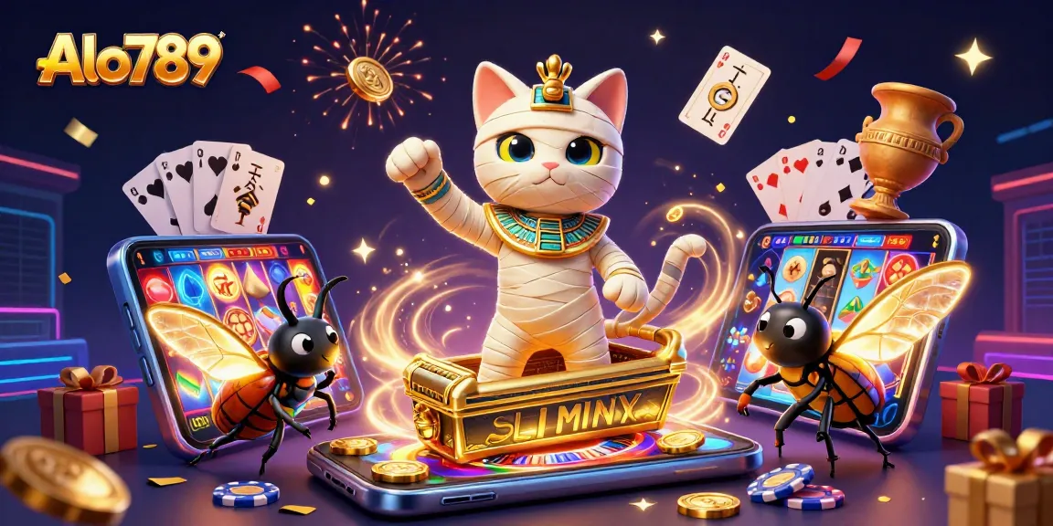 Alo789 features an energetic scene with casino elements and vibrant characters like a mummy cat in a pyramid with golden wings.