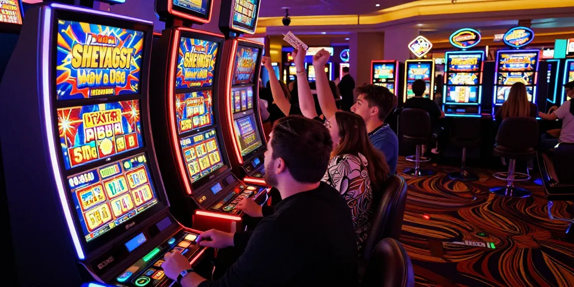 Exciting scene of players celebrating a slot jackpot win in a vibrant casino.