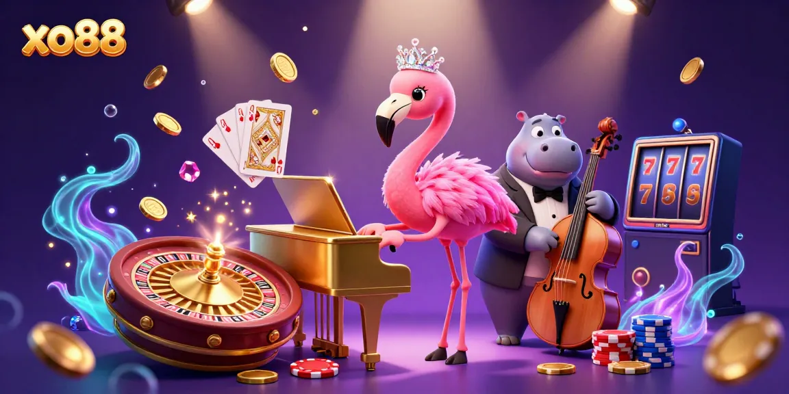 Watch the exciting xo88 casino scene with a flamingo singer and hippo bassist surrounded by spinning roulette wheels and sparkling gems.