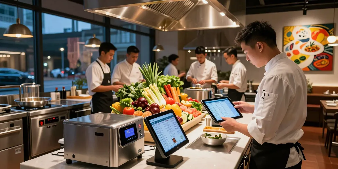 Gourmeticat tech news featuring a modern kitchen with real-time inventory tracking and a chef using a tablet.