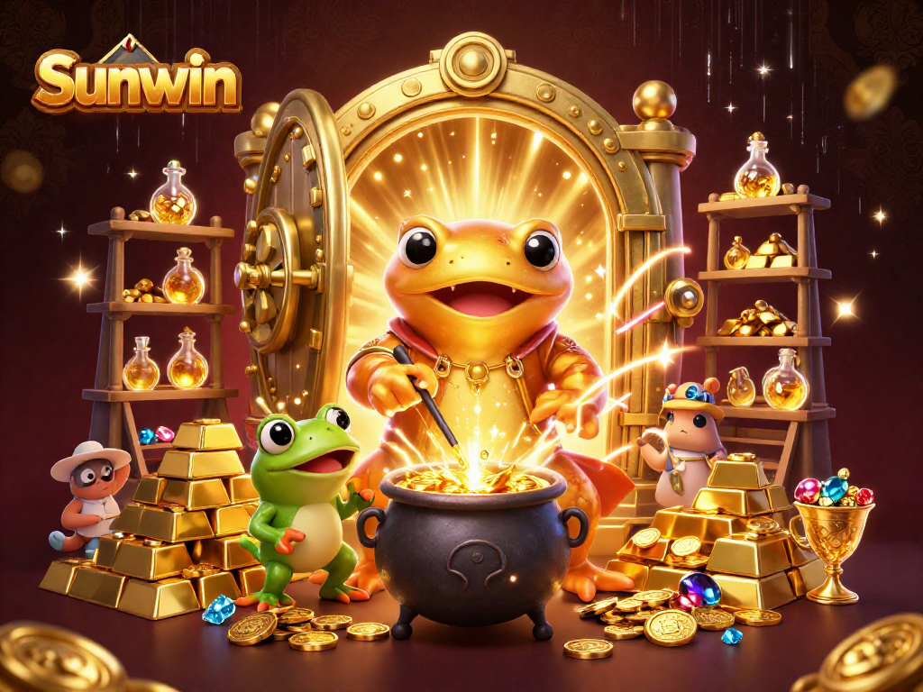 Sunwin players experience thrilling gold transmutation in a vibrant, 3D casino dreamscape.