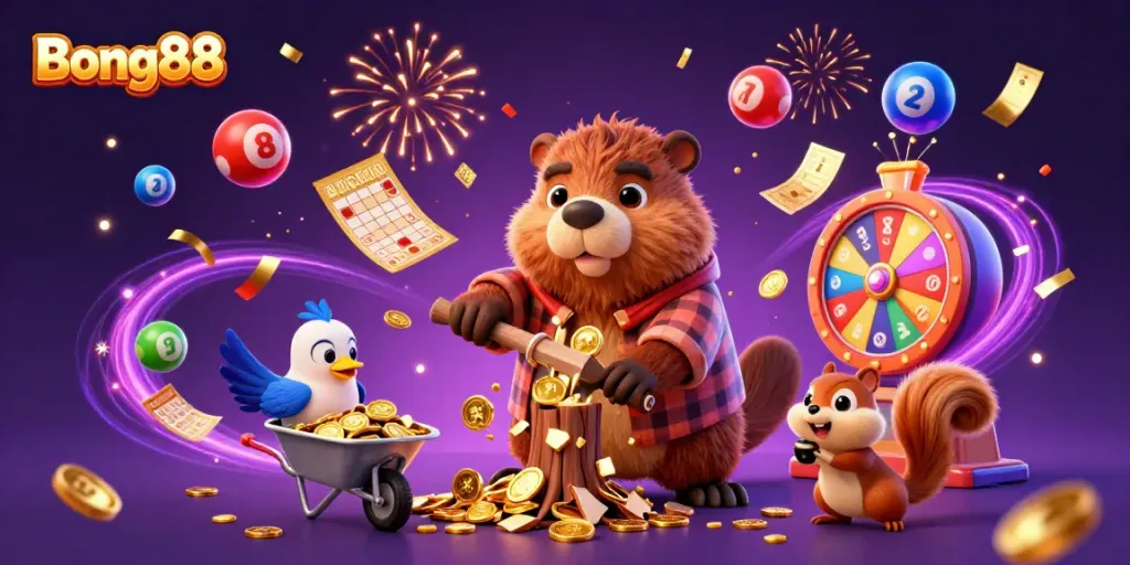 Bong88 sparks excitement as a beaver chops a tree raining coins, a bird collects them, and a squirrel stacks gold acorns.