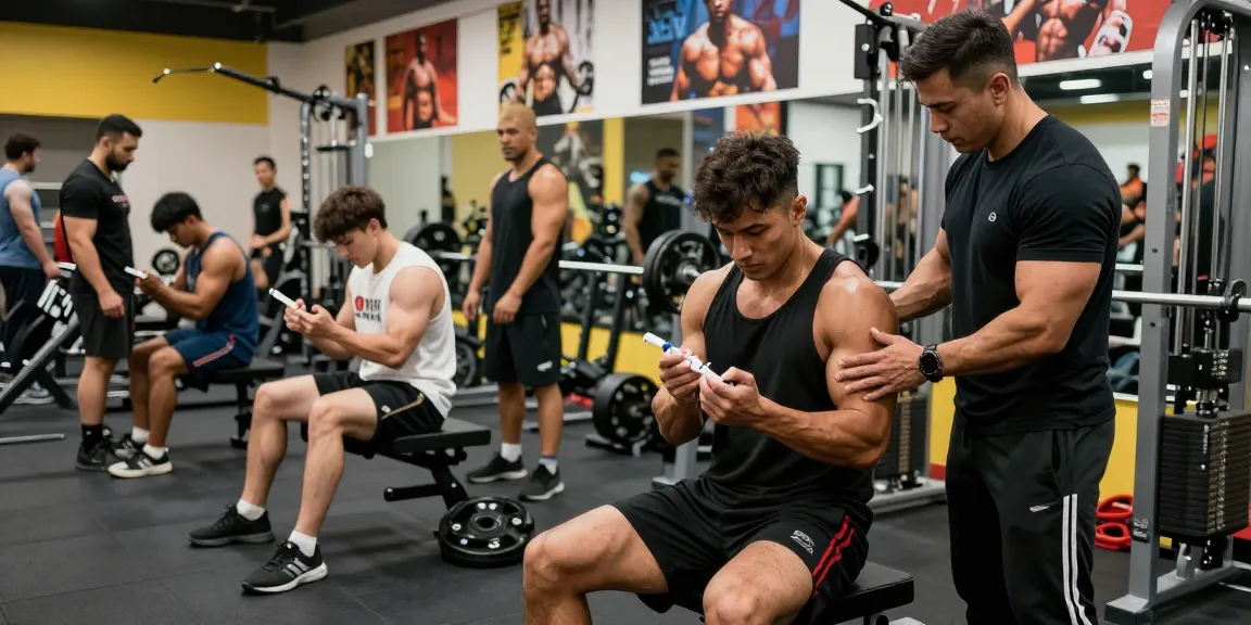 Bodybuilders in an Anabolika Shop training session demonstrating safe steroid injection techniques in an energetic gym.