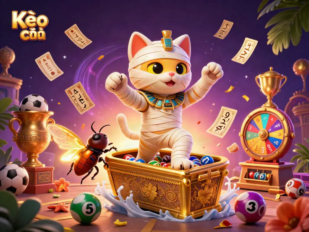 Kèo nhà cái showcases a 3D mummy cat navigating a vibrant sports betting scene, surrounded by lottery and betting elements.