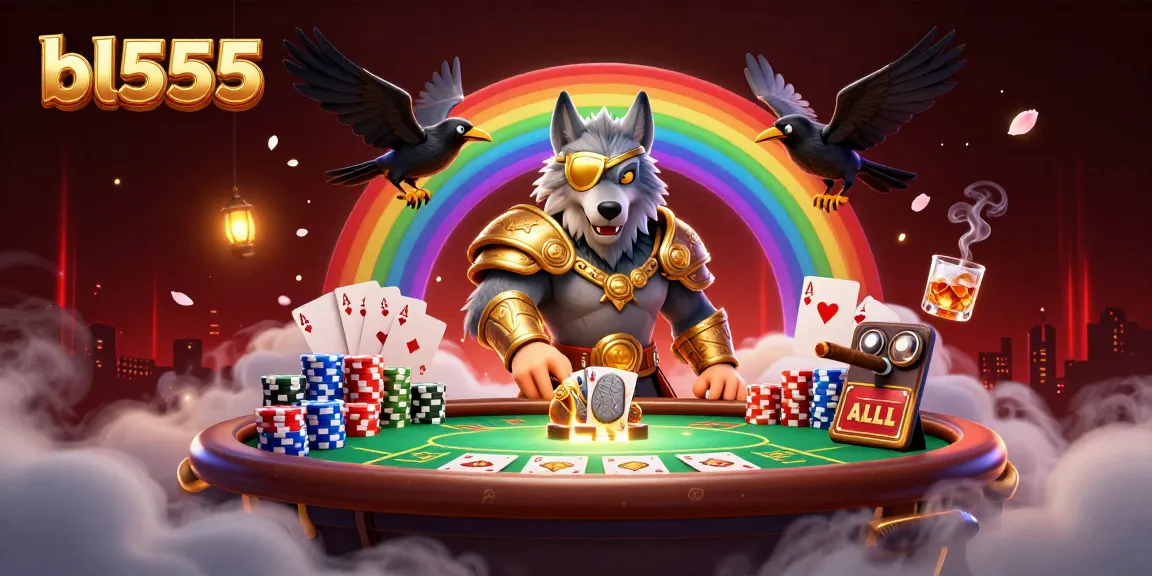 Experience the excitement of bl555 with a vibrant, detailed 3D casino scene showcasing poker and mythical elements.