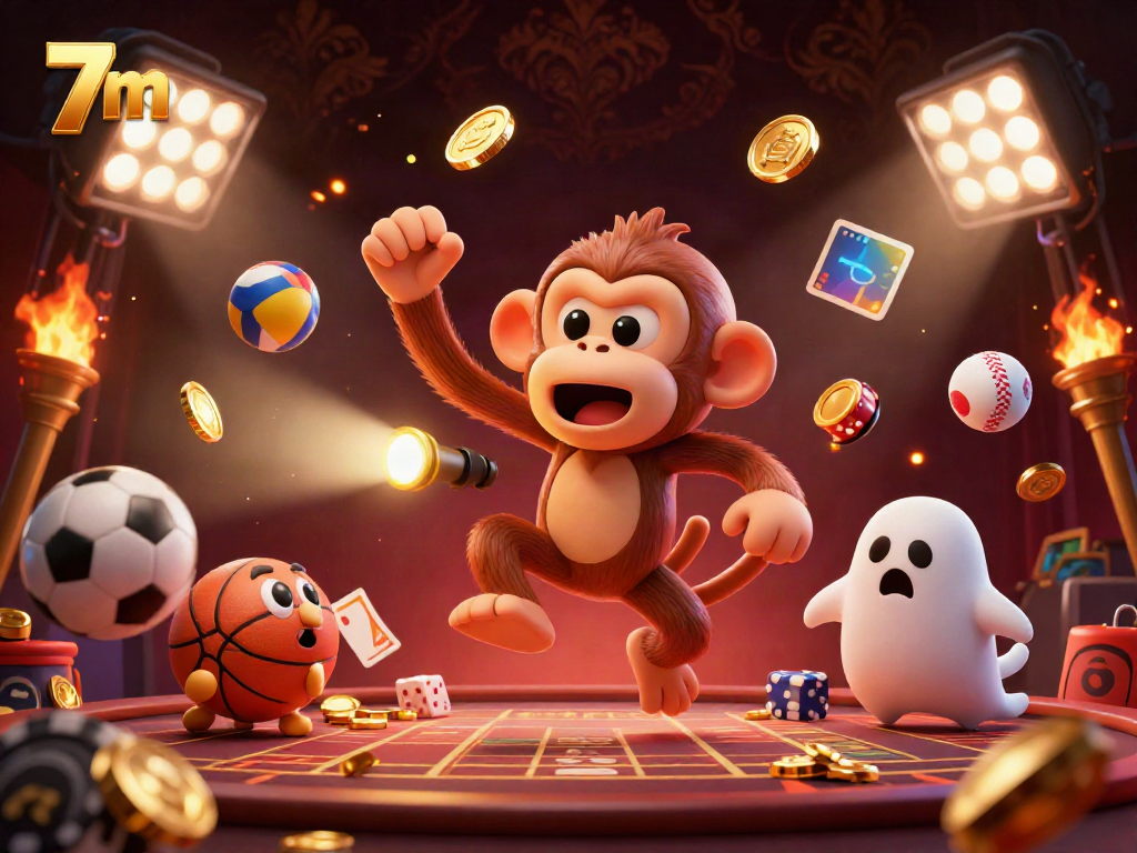 Engaging 3D scene showcasing a playful poltergeist monkey juggling golden gaming items in a haunted casino, symbolizing the thrill of 7m.