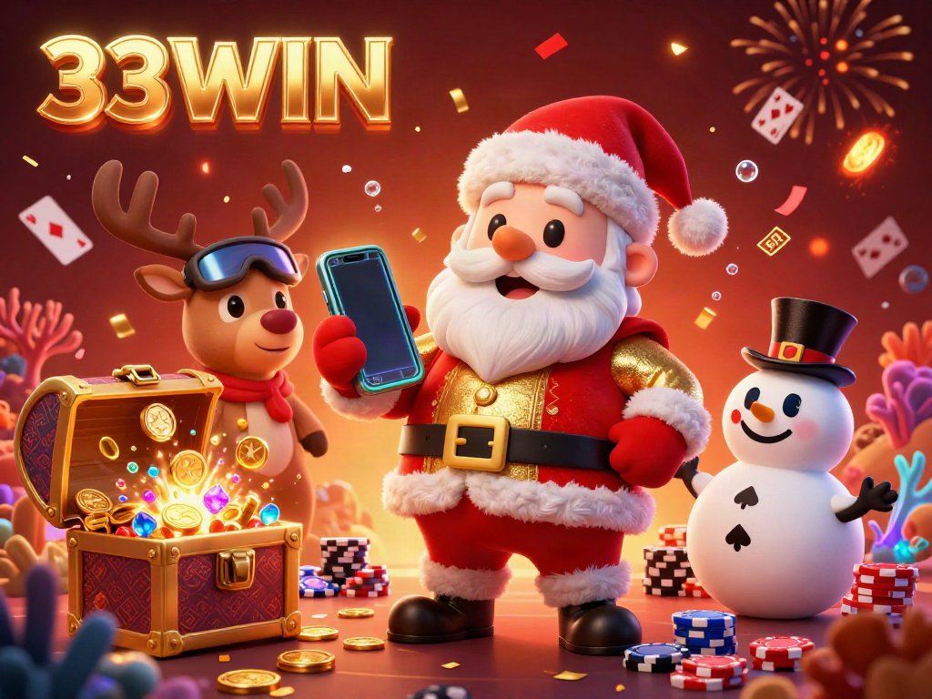 Experience the excitement at 33WIN with Santa Claus and friends celebrating jackpots in a vibrant 3D casino.