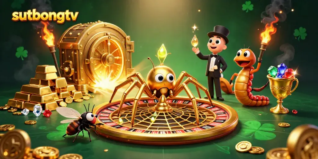 Experience thrilling action with sutbongtv as a golden spider spins a roulette wheel web, capturing the excitement of gaming.