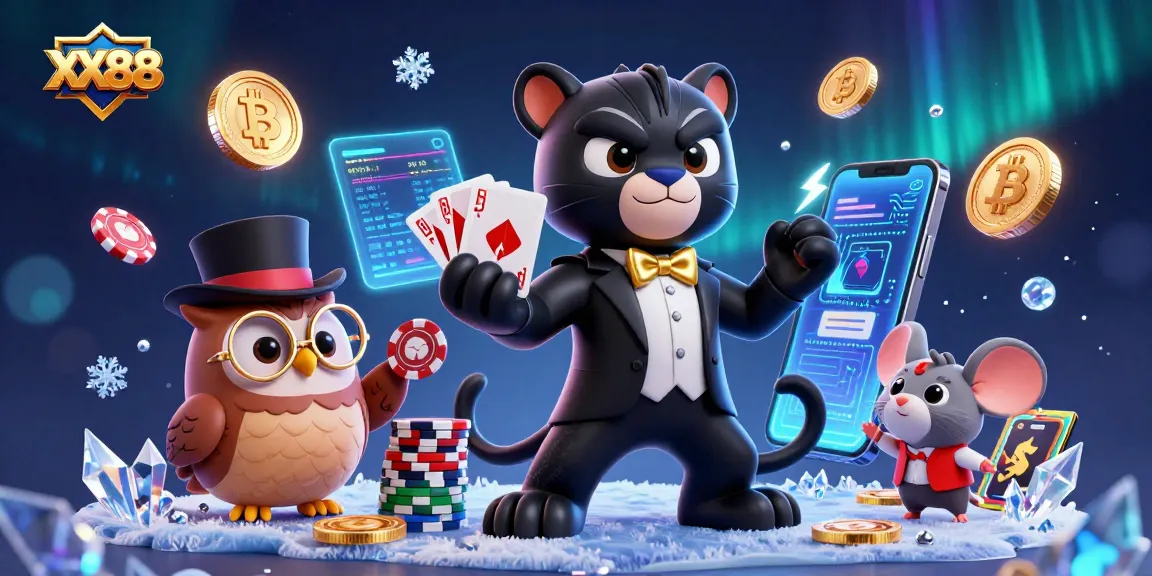 Engage with XX88 players as a panther deals cards amidst vibrant poker elements and cryptocurrencies.