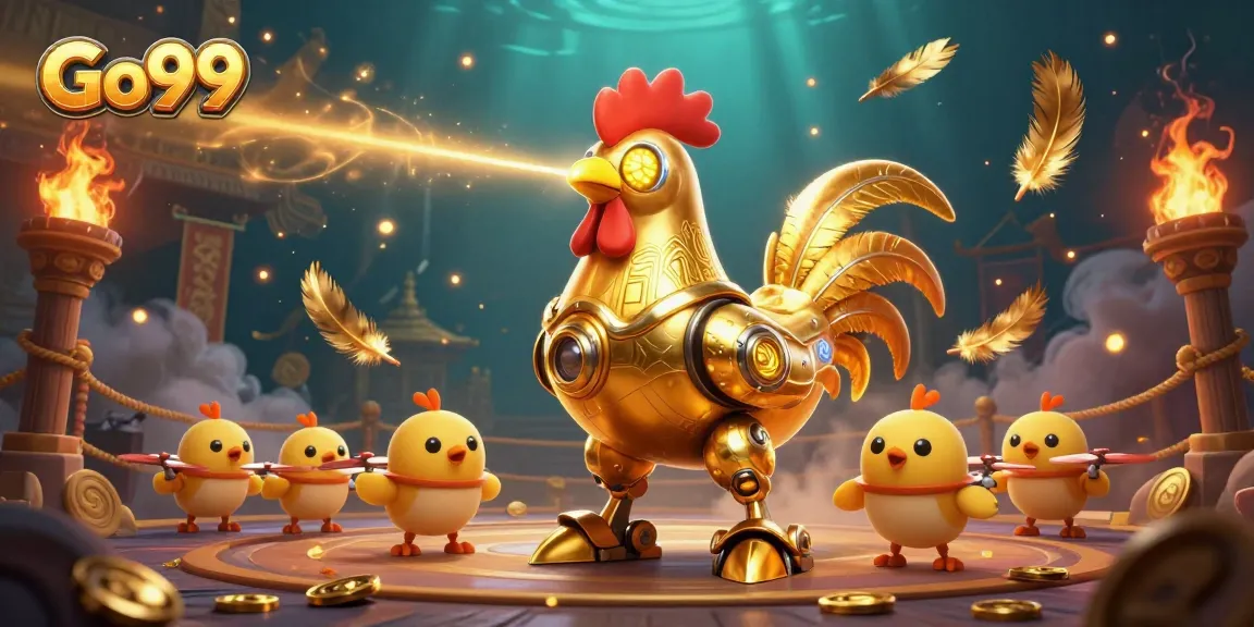 Engage with Go99's thrilling casino action featuring a golden rooster robot and baby chick drones.