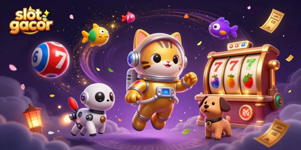Experience dynamic slot gacor gameplay with a space-themed illustration featuring colorful elements and engaging characters.
