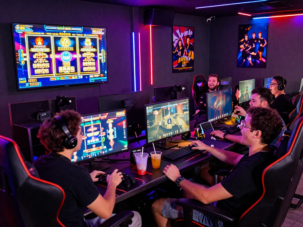 Friends celebrating a slot jackpot win in a vibrant gaming lounge
