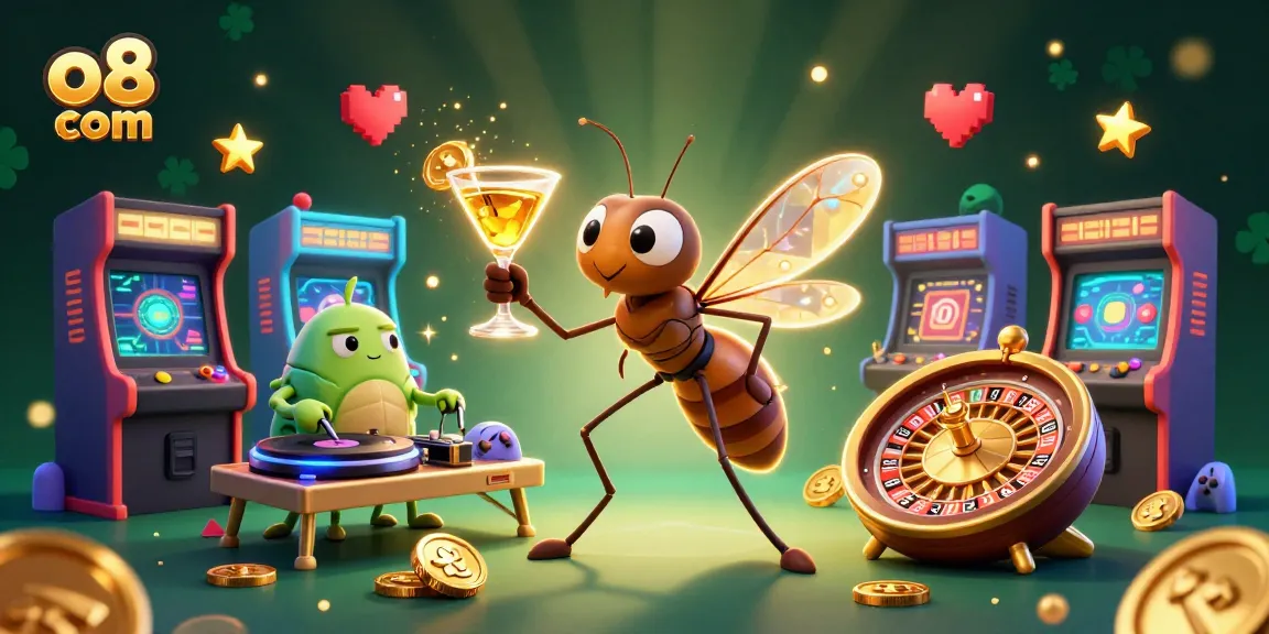 Engage in thrilling gameplay at o8 com with a vibrant casino scene featuring unique cartoon characters and gaming elements.