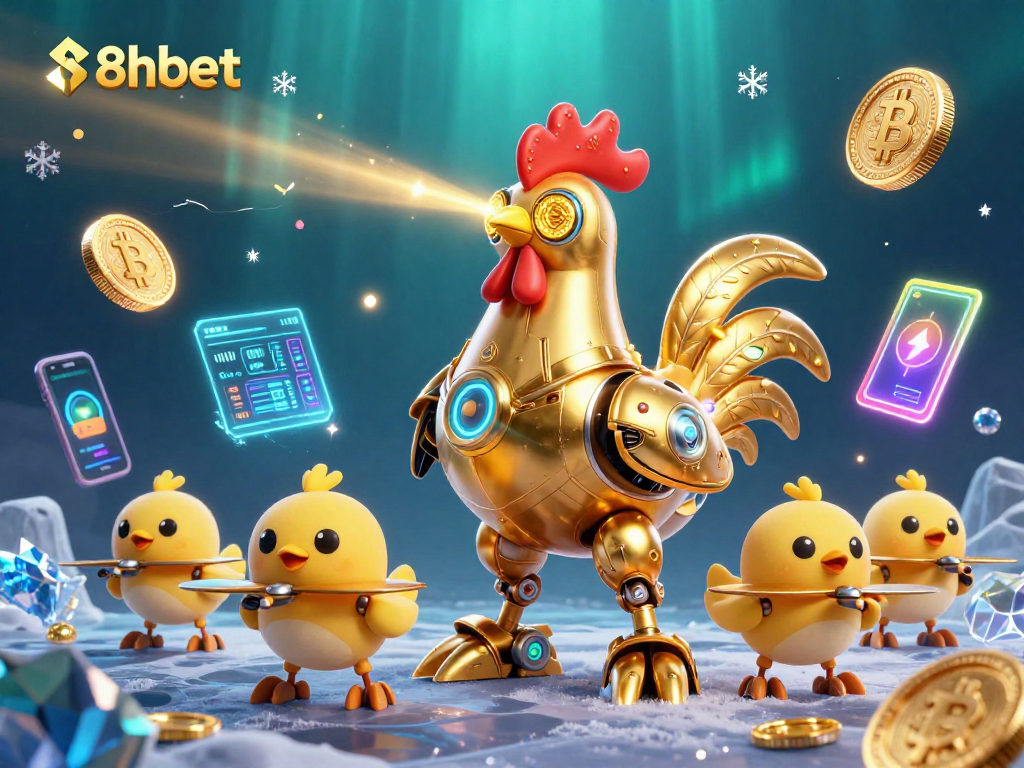 Engage in thrilling gaming at 8xbet with a vibrant 3D scene of a golden rooster robot and crypto elements.