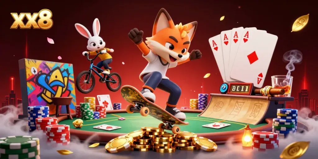 Catch the excitement at xx8 with a skateboarder fox and BMX rabbit in a vibrant casino scene