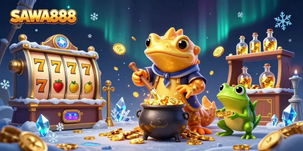 SAWA888 showcases an exciting golden salamander alchemist surrounded by dynamic slot reels and gold coins.