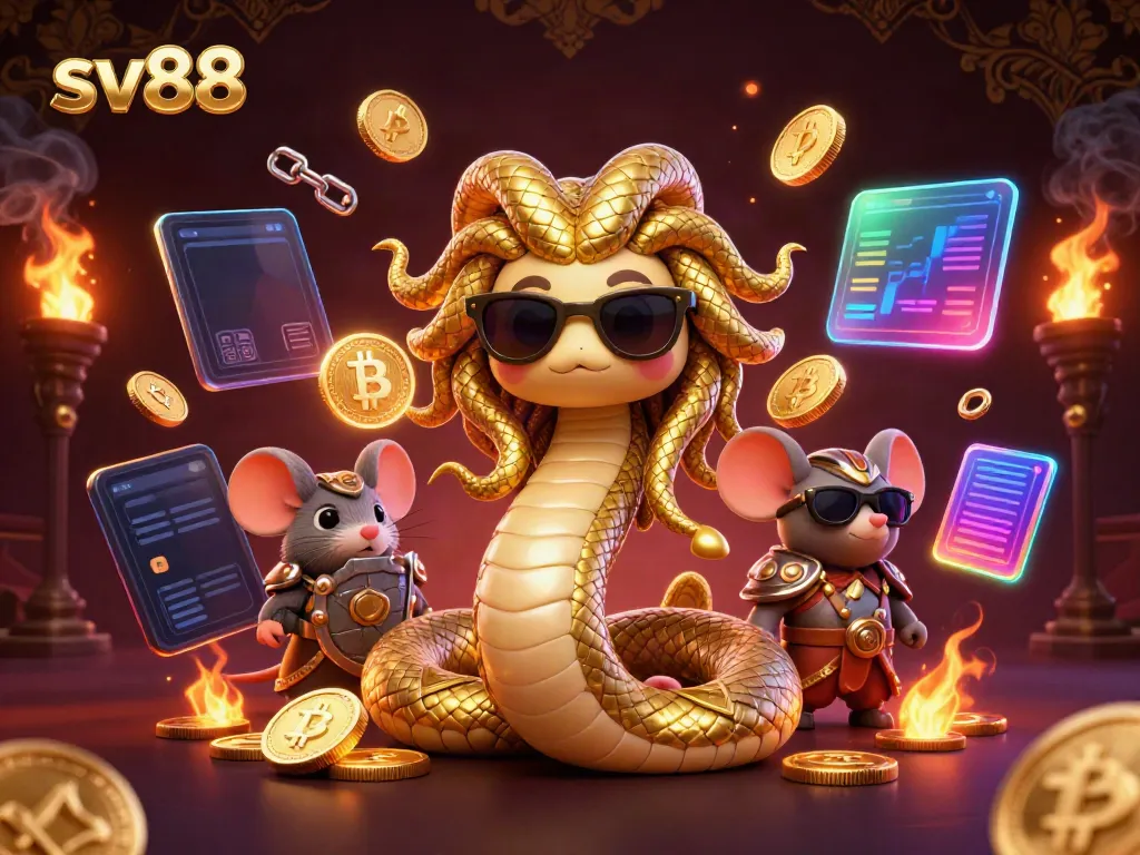 Engage in dynamic sv88 gameplay with a cheerful Medusa and warrior mouse, surrounded by vibrant digital currencies.