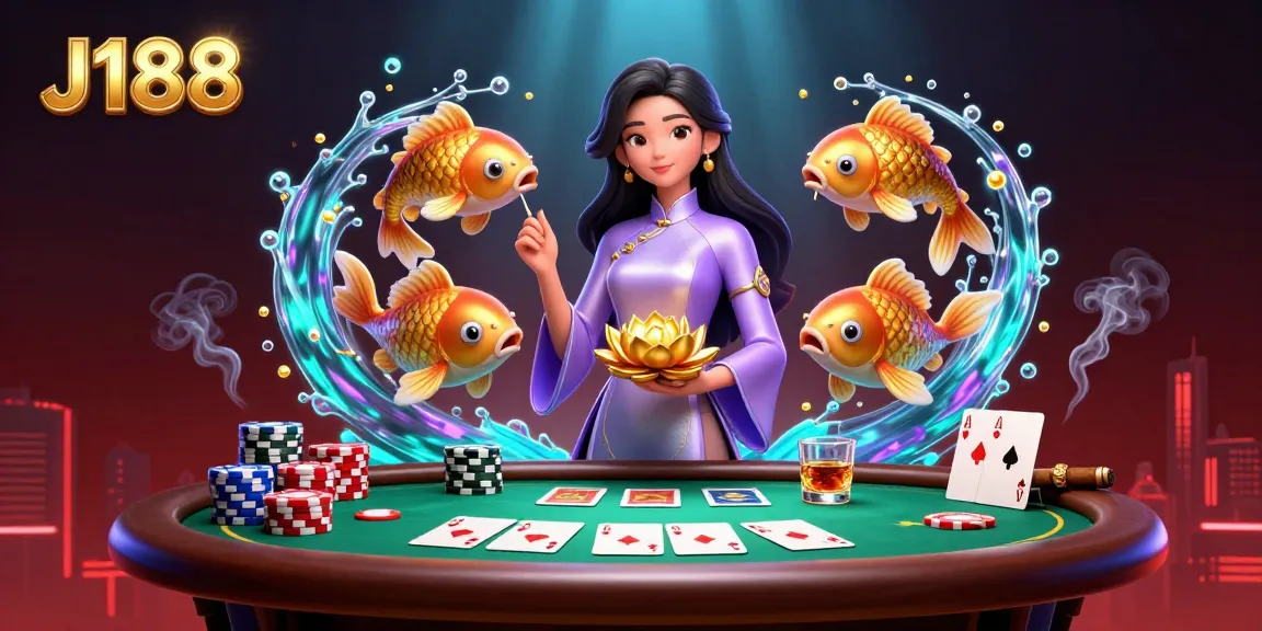 Engage in thrilling games at J188 with a vibrant casino scene featuring a poker table and dynamic play elements.