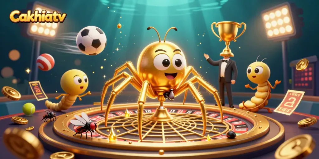 Cakhiatv showcases a 3D spider and croupier spinning a roulette web surrounded by sports balls.