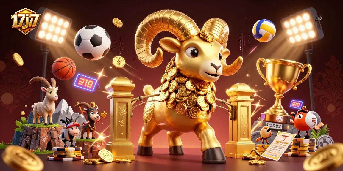 Engage with 17j77's vibrant scene showcasing a golden ram charging at a gate amidst dynamic sports elements.