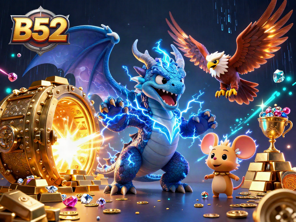 B52 players engaging with dynamic casino elements, surrounded by vibrant treasures and animated characters