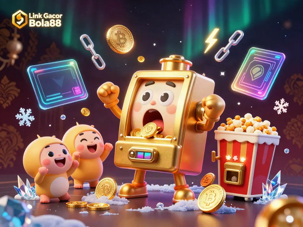Experience wins with Link Gacor Bola88 in this vibrant jackpot celebration featuring lively slot machines and crypto elements.