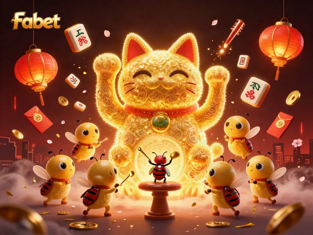 Winning at Fabet with a vibrant scene of a lucky cat and casino symbols, enhancing online gambling.