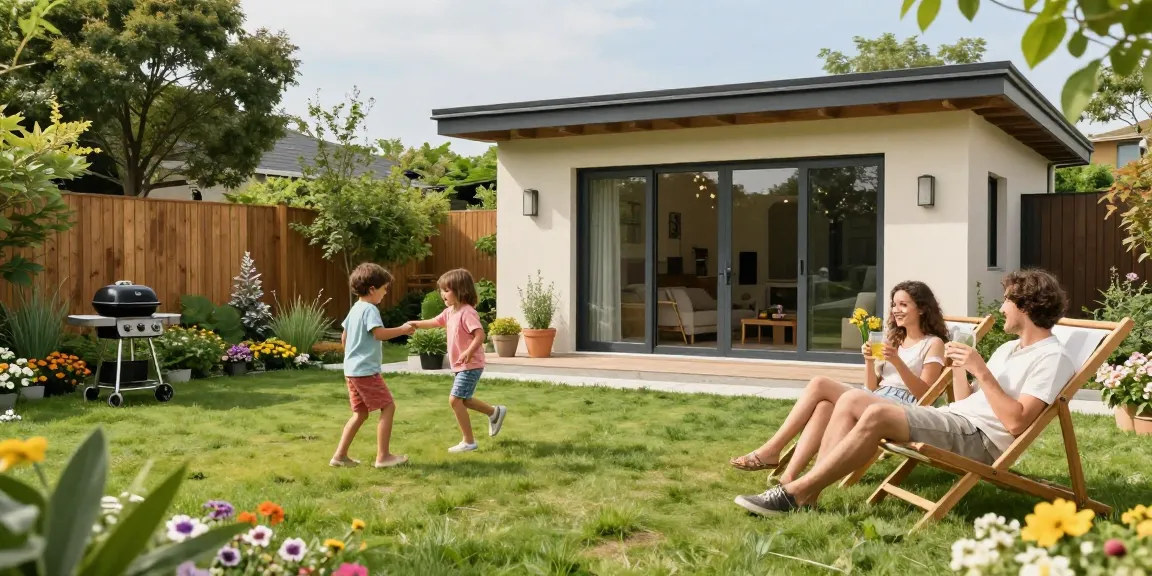 Garten Haus in schöner Gartenidylle mit spielenden Kindern.