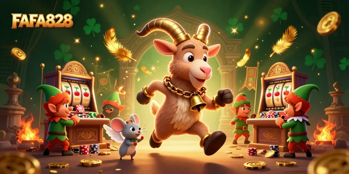 Engage with FAFA828's vibrant gaming casino scene featuring a festive Krampus goat, entertaining gameplay, and gold tokens.