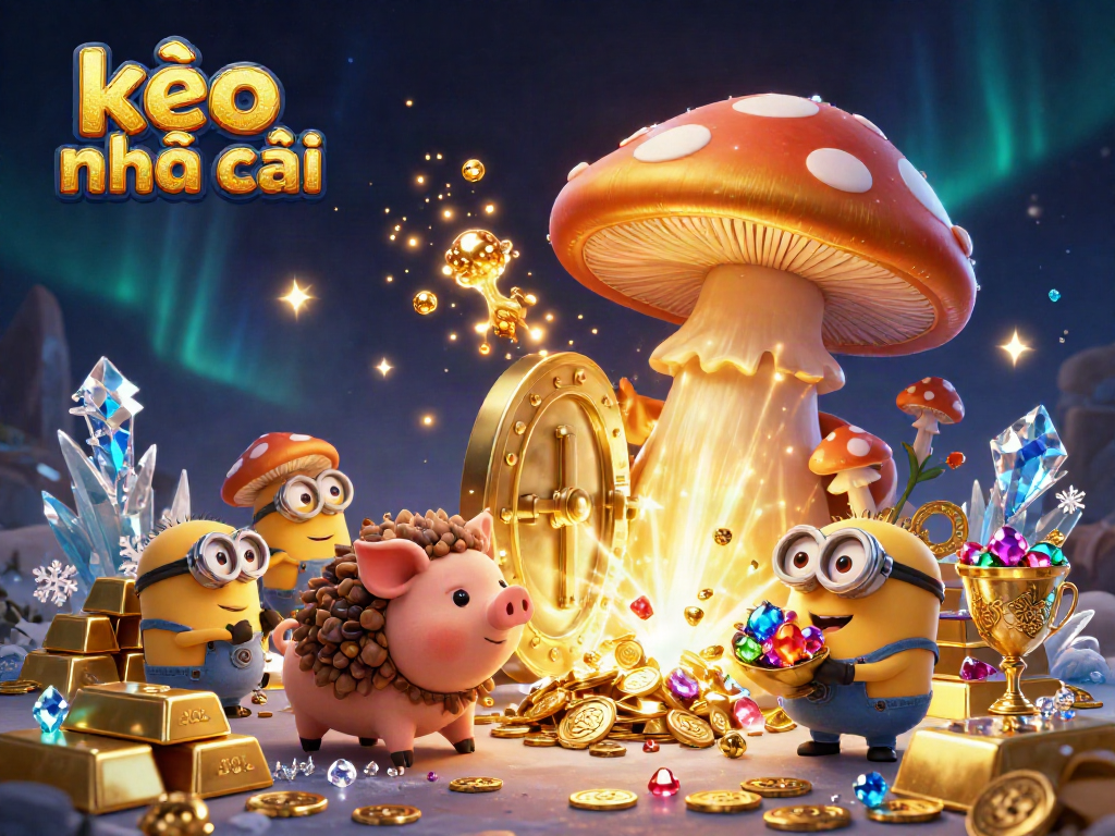 Experience the magic of kèo nhà cái with a golden mushroom wizard conjuring treasures and jewels.