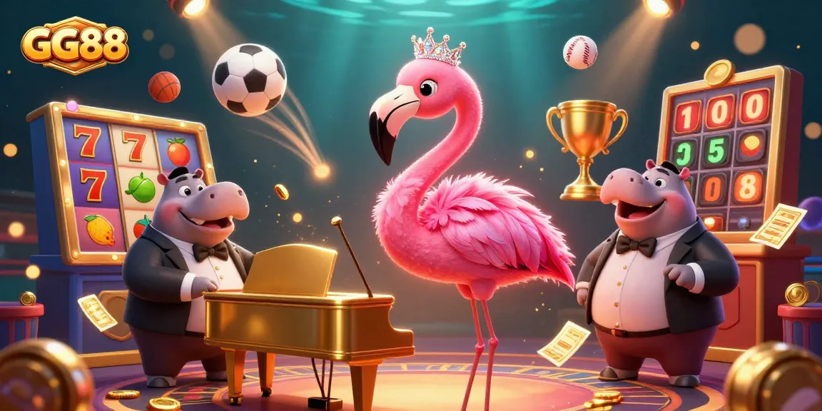Experience thrilling wins at GG88 with an energetic casino scene featuring a flamingo singer and dynamic gaming elements.