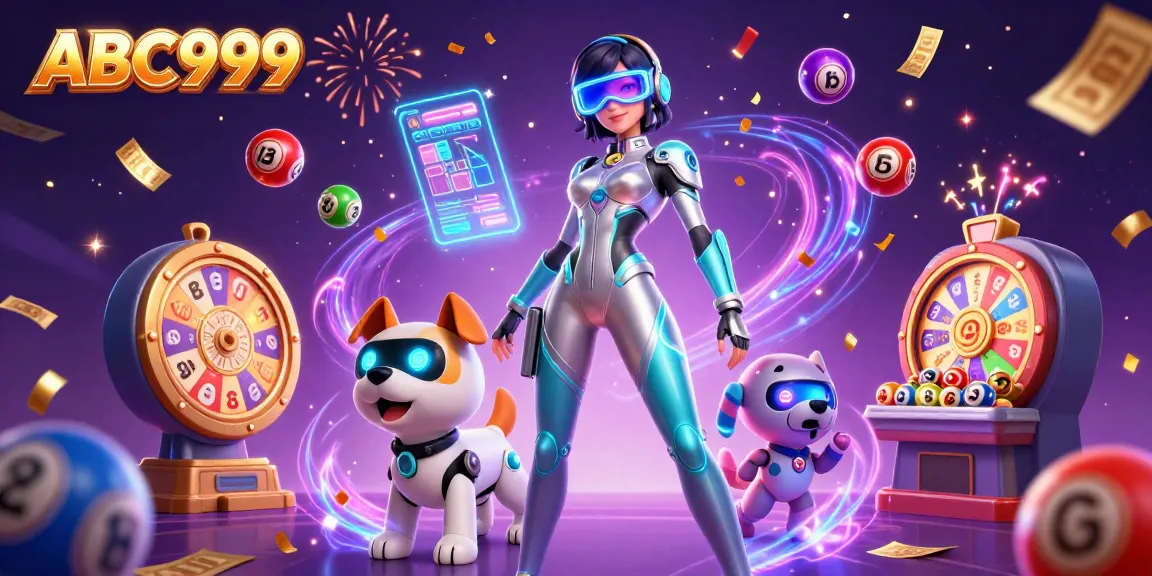 Experience engaging gaming action at ABC999 with vibrant lottery balls and a holographic casino interface.