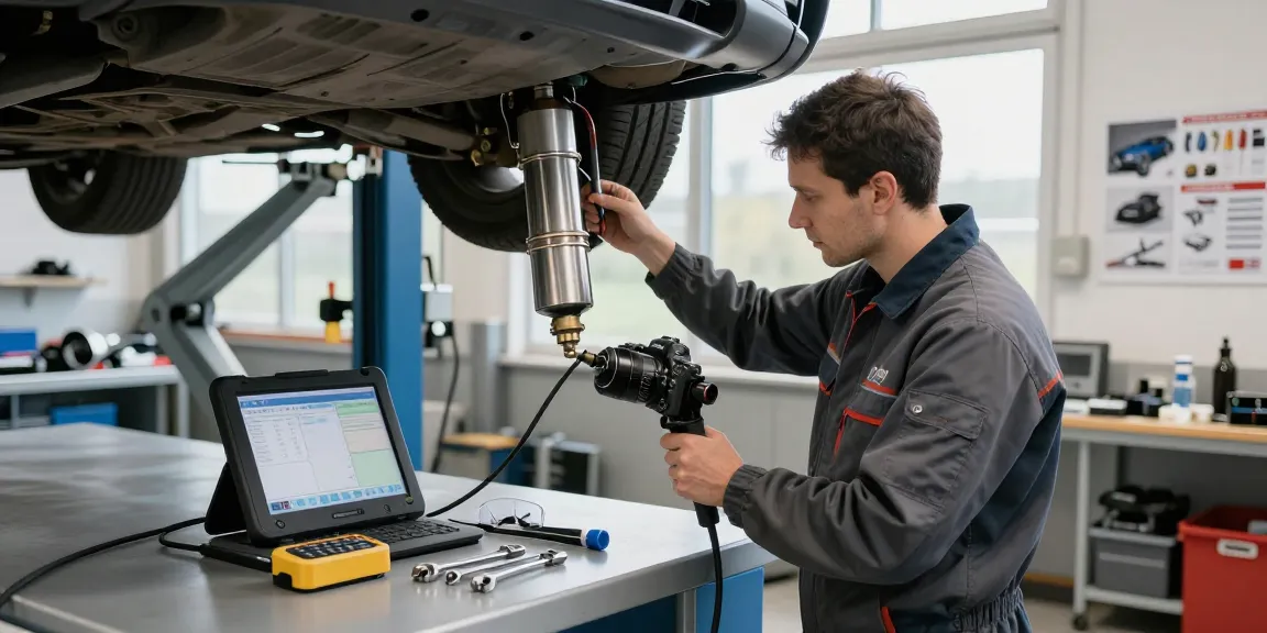 DPF Reinigung Hannover Service in einer professionellen Kfz-Werkstatt mit Techniker und Werkzeugen.