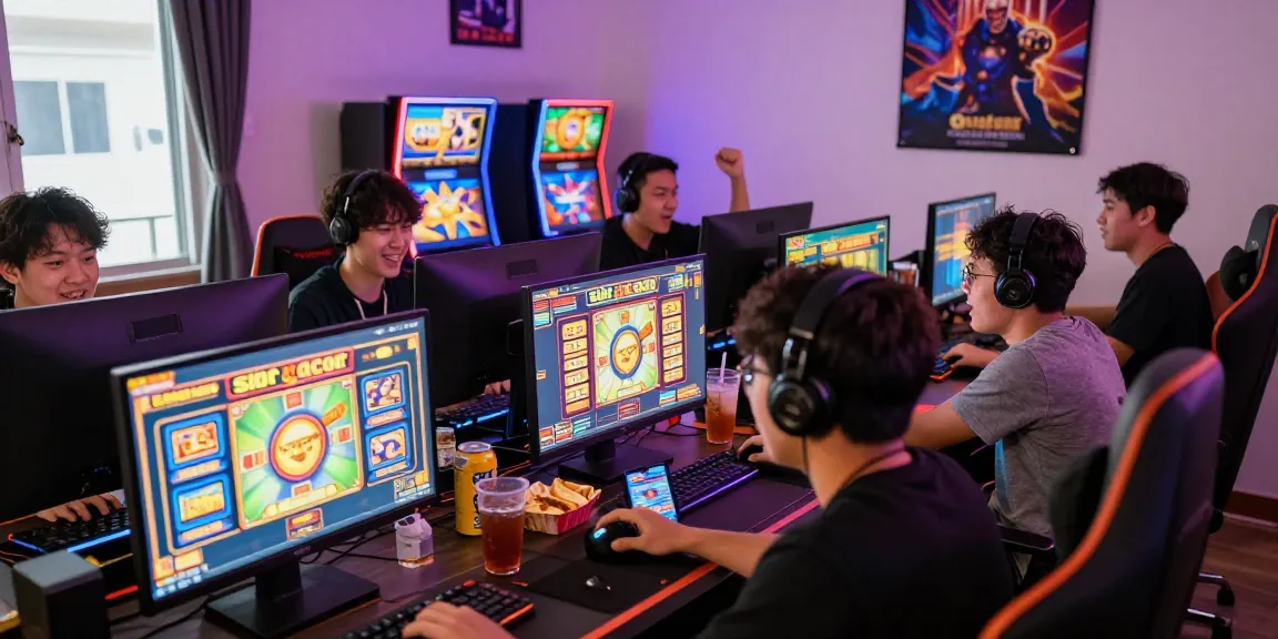 Excited players enjoying slot gacor games in a lively gaming room.