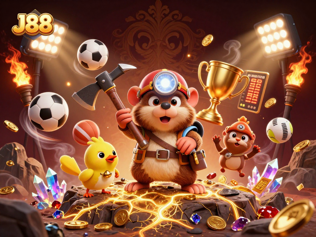 Experience dynamic sports betting at J88 with 3D animated characters in a vibrant casino scene.