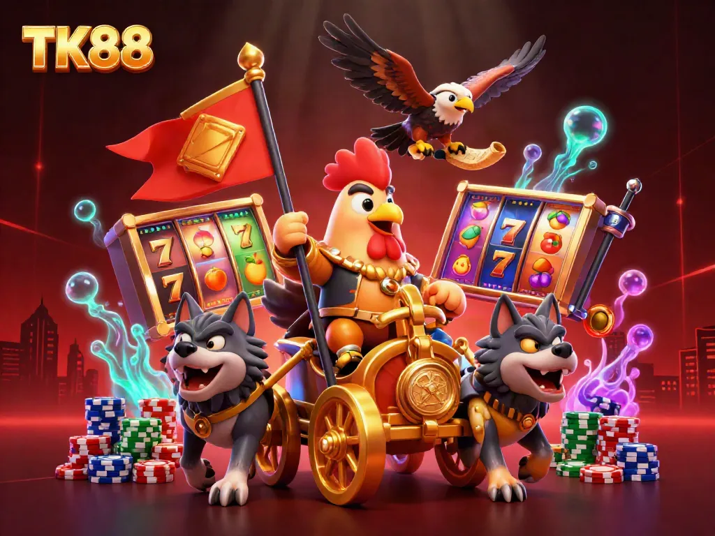 Engage in thrilling gaming action with TK88, featuring vibrant slots, poker chips, and dynamic characters.