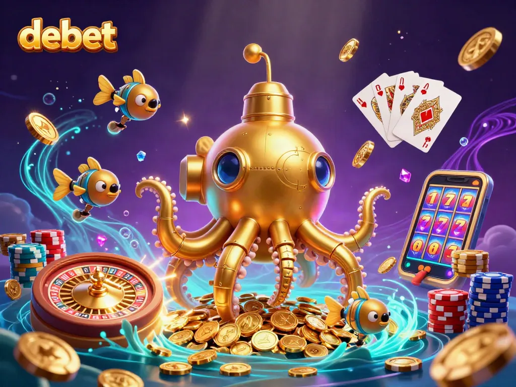 Experience debet excitement with a vibrant underwater casino scene featuring golden kraken and treasures.