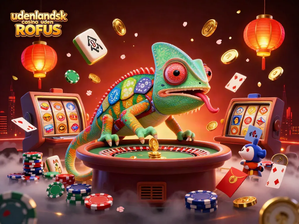 Experience excitement at udenlandsk casino uden ROFUS with vibrant slot reels, poker, and festive decor.