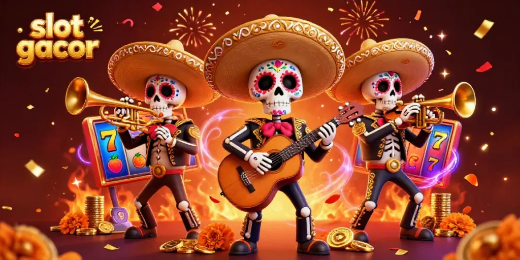 Experience big wins with slot gacor in vibrant 3D illustration featuring a mariachi band and slots.