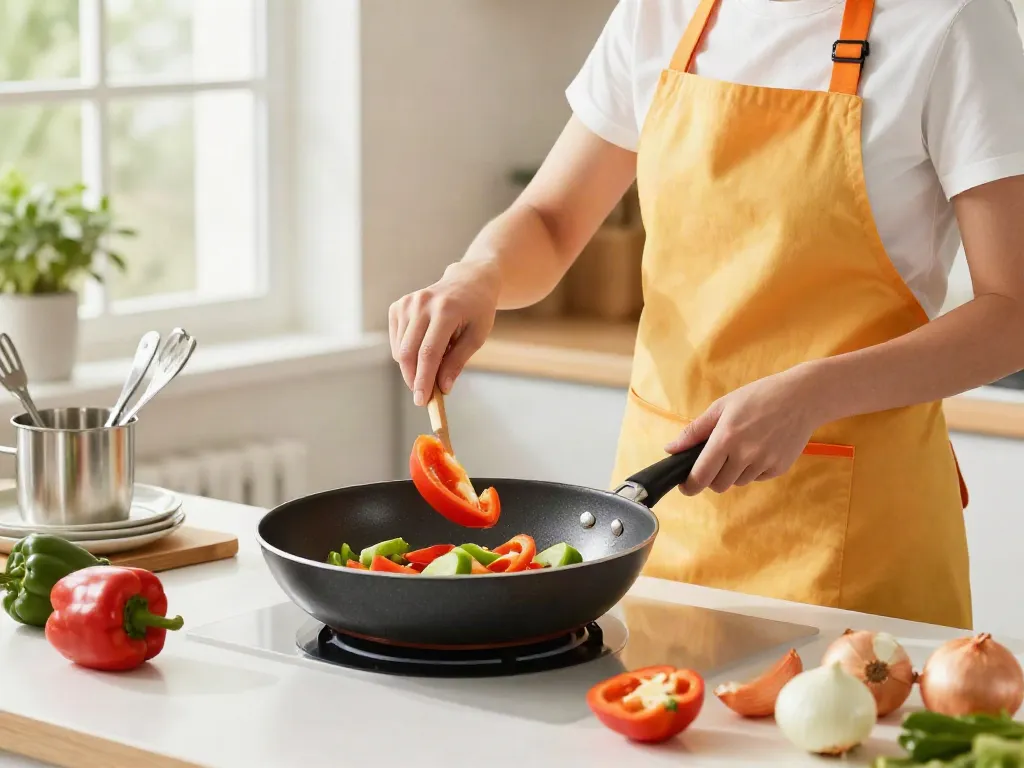 Non-Stick Cookware price in bangladesh showcased in a vibrant kitchen with a cook sautéing vegetables.