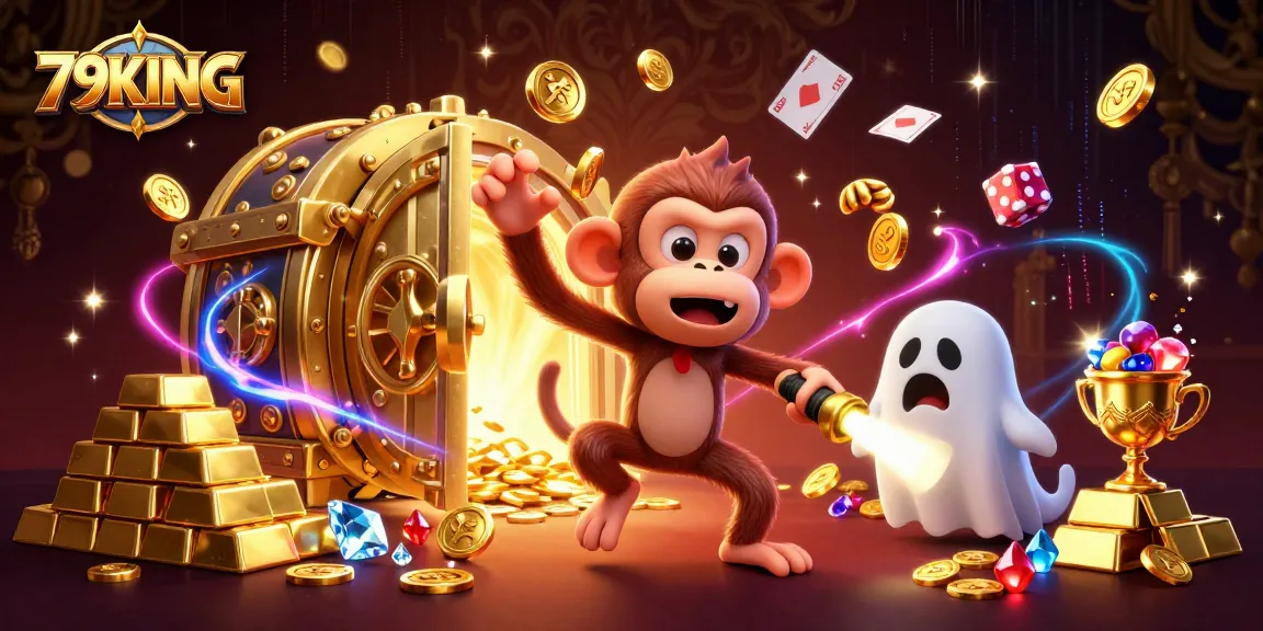 Engage with 79KING as a playful poltergeist monkey juggles golden treasures in an animated haunted casino.