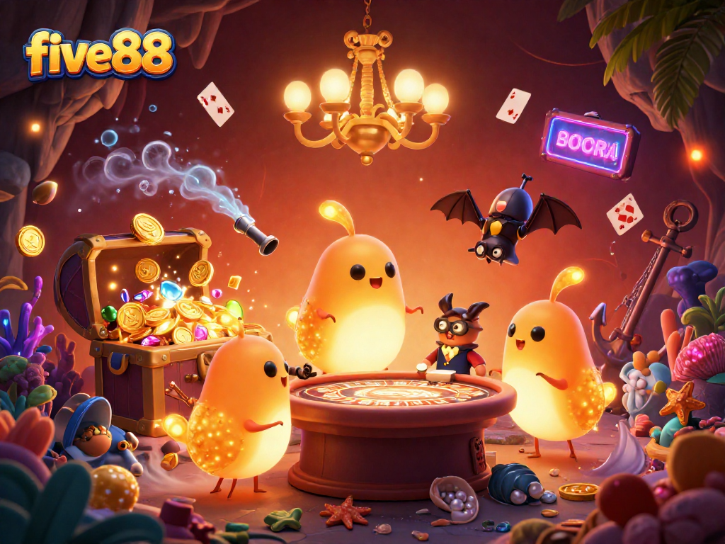 Experience exciting gaming action at five88, where cartoon glowworms light up an underwater casino.