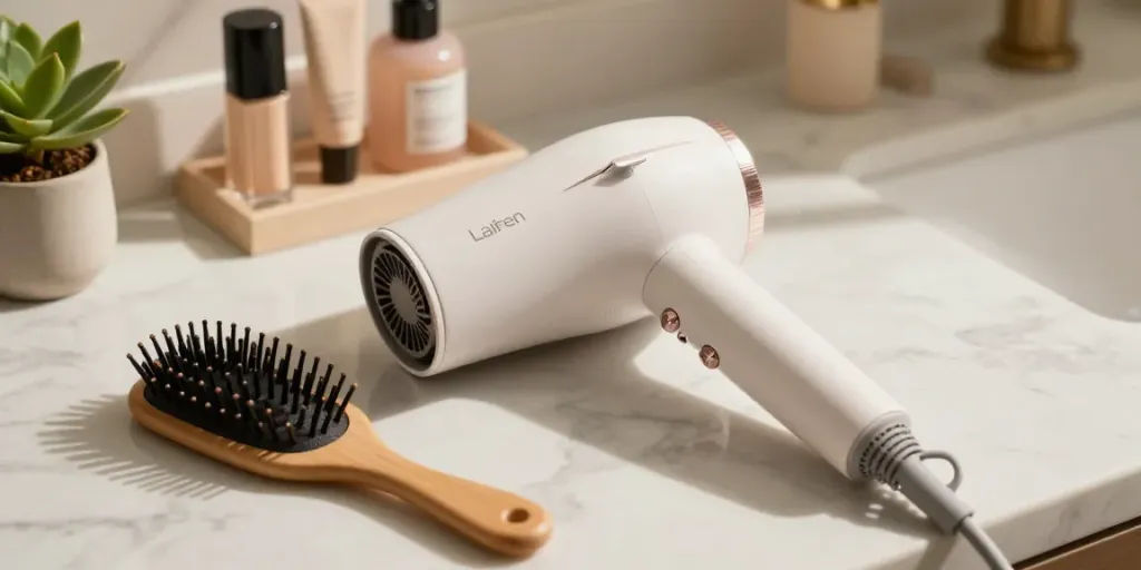 Detailed view of Laifen haartrockner on a marble countertop with a plant and hairbrush.