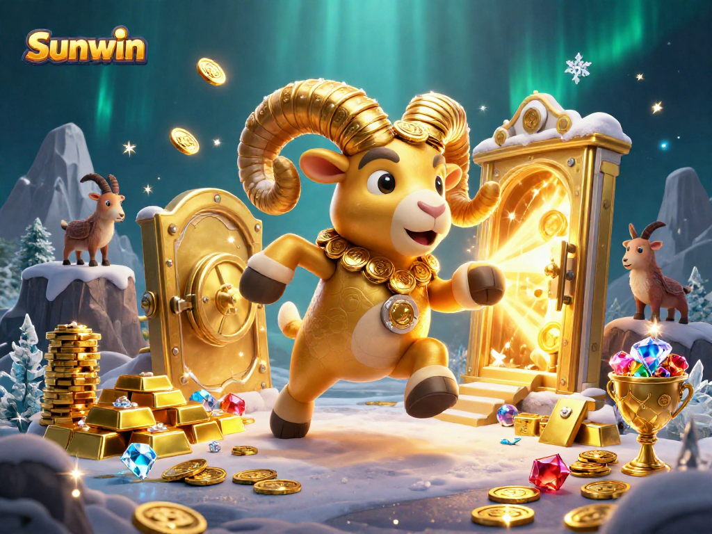 Experience thrilling wins at Sunwin with a dynamic scene of a golden ram charging a treasure vault.