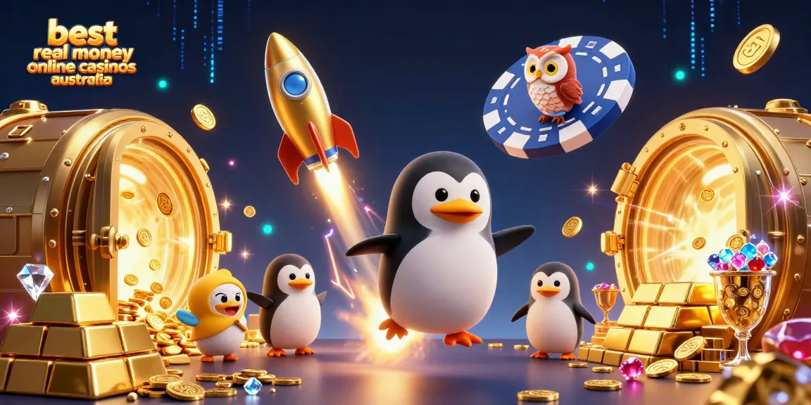Engage with the best real money online casinos australia featuring a golden penguin and casino elements.