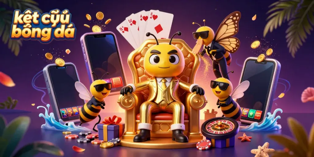 Experience kết quả bóng đá in a vibrant scene with cartoon characters, slot games, and dynamic casino elements.