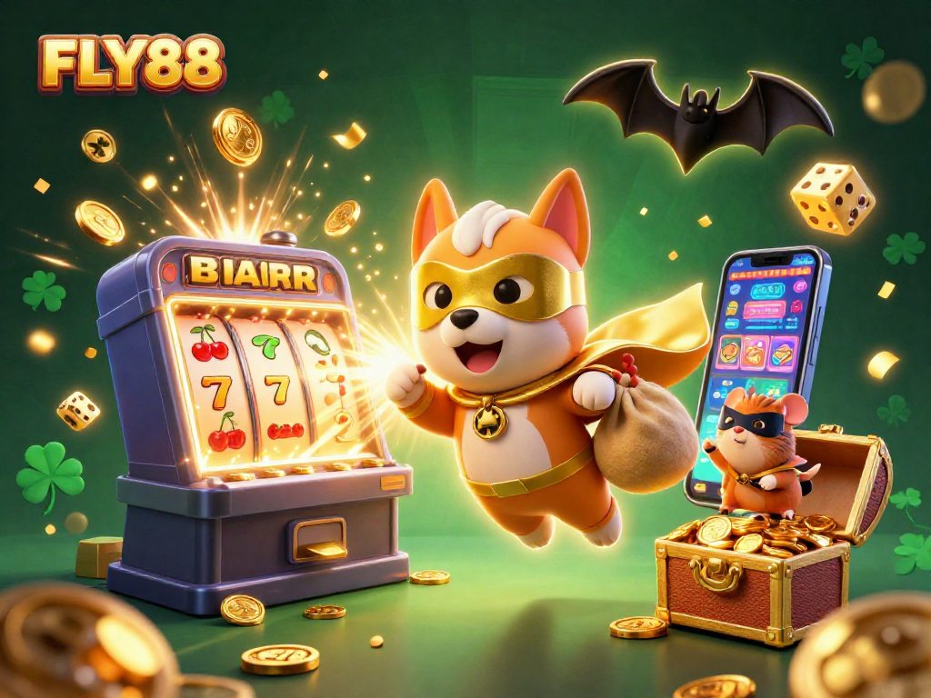 FLY88 offers a thrilling casino experience with a superhero dog flying alongside vibrant slot symbols and gold coins.