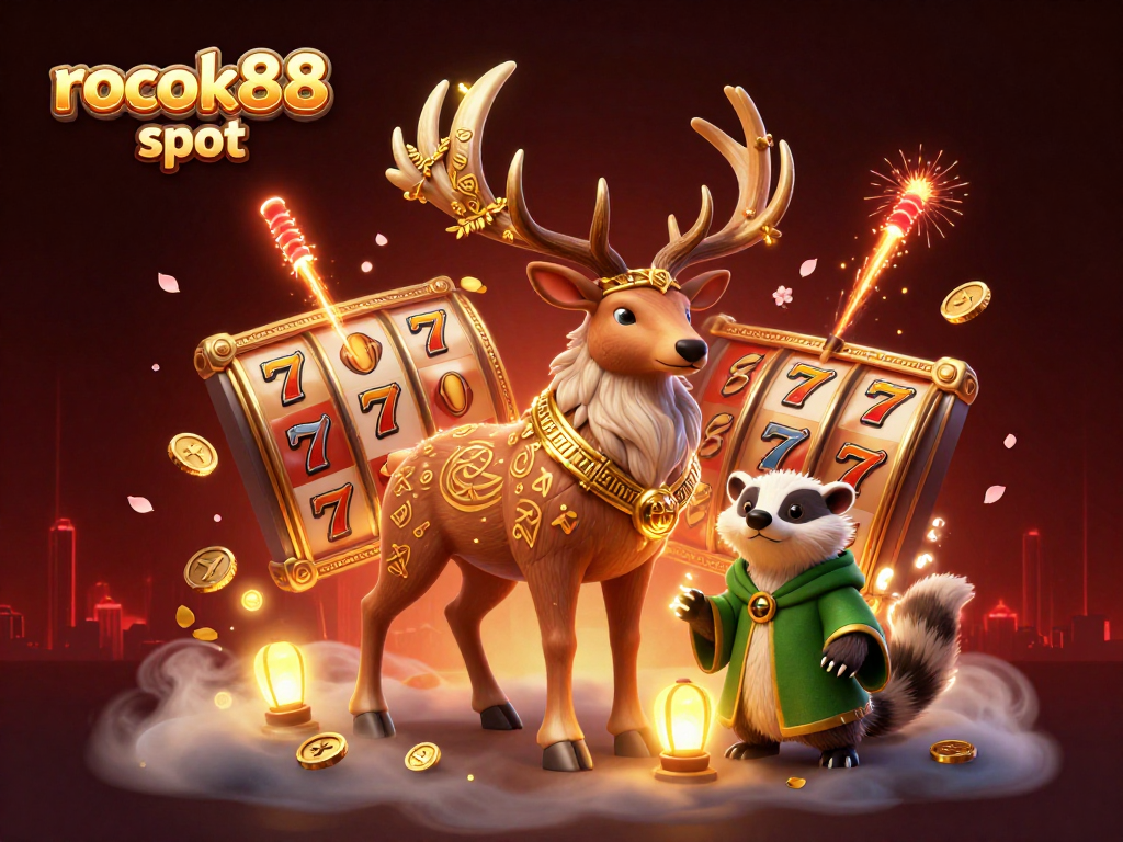 Experience the thrilling rokok88 slot with animated characters and casino elements in a dynamic scene.