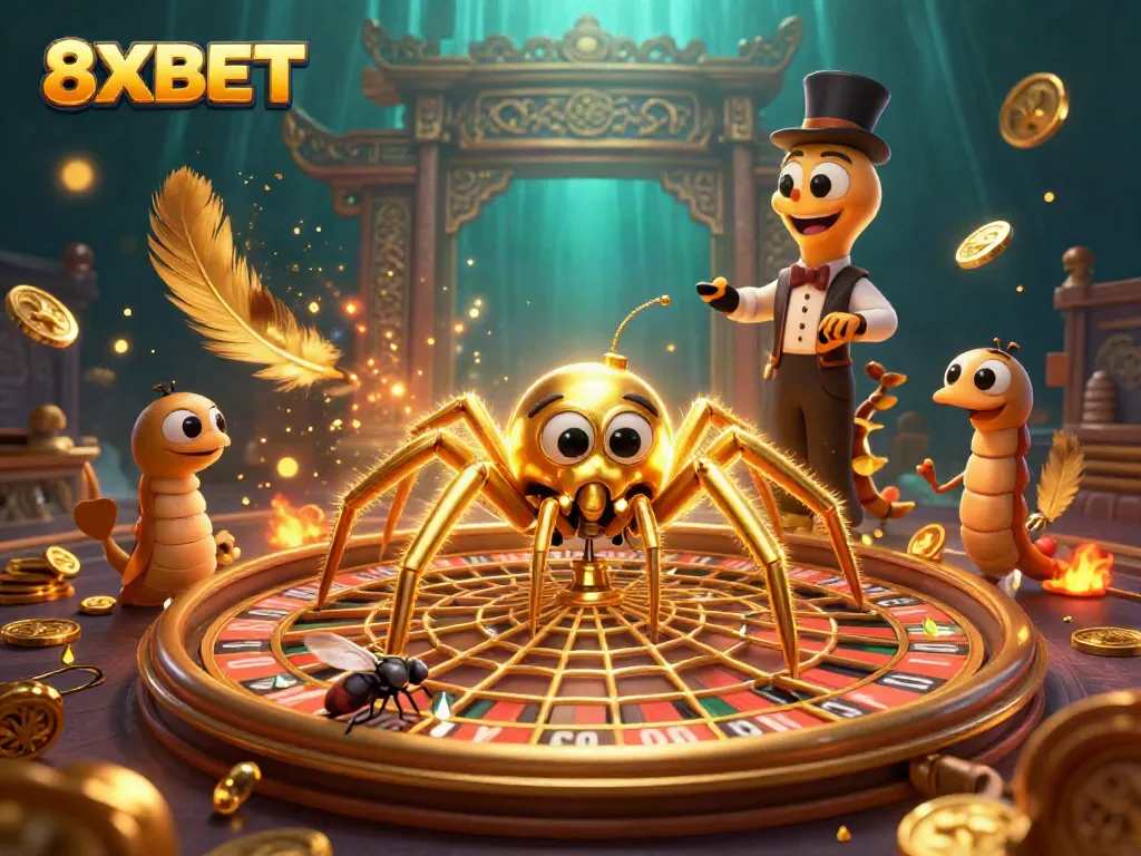 Engage in thrilling bets at 8XBET with a whimsical golden spider and centipede croupier spinning the roulette web.