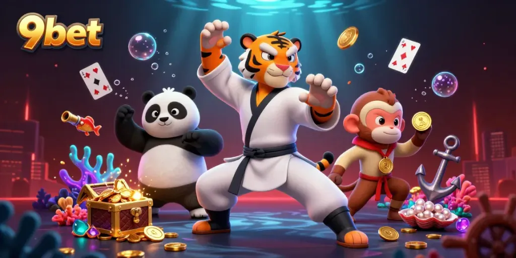 Bet and win at 9bet with a thrilling 3D adventure featuring kung fu characters and dazzling casino elements.